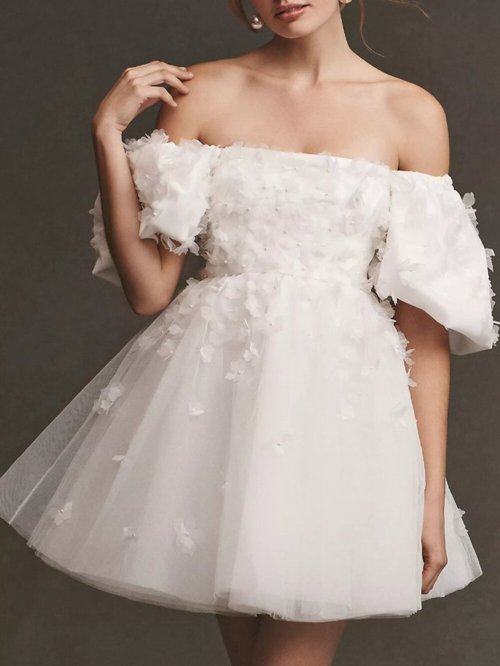 BHLDN Cleo Convertible Off Shoulder Strapless Puff-Sleeve Mini Dress Sz. 8 White